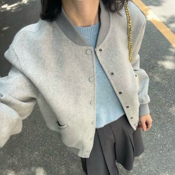 Theory grey wool cashmere bomber cardigan sweater - Picture 7 of 8